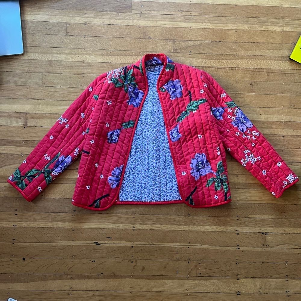 Vintage quilted red purple floral jacket bomber Vera Bradley mandarin collar S